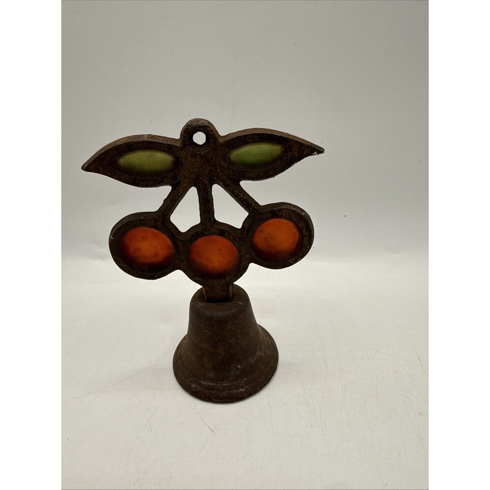 Vintage Mid Century Modern Cherries 4" Stained Glass Bell Cast Iron Fruit Dinner